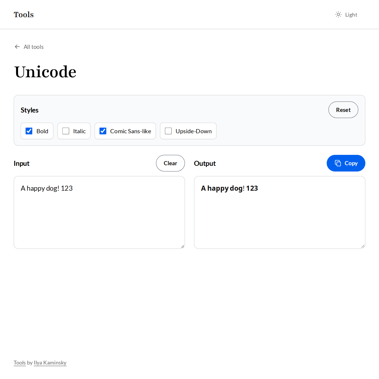 Unicode's text input, style controls, and live output.